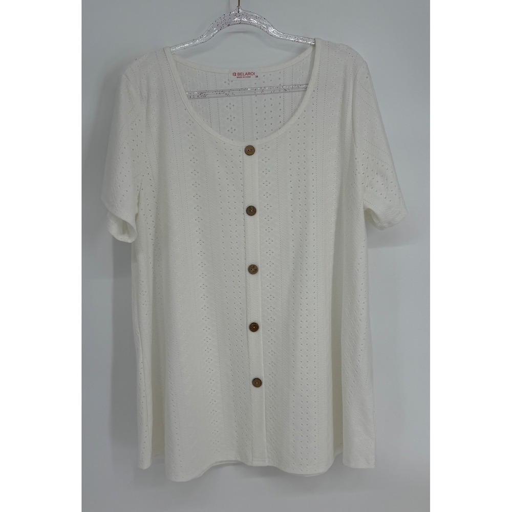 Belaroi Ivory Eyelet Knit Short Sleeve Button Front Scoop Neck Top Plus Sz 3X‎